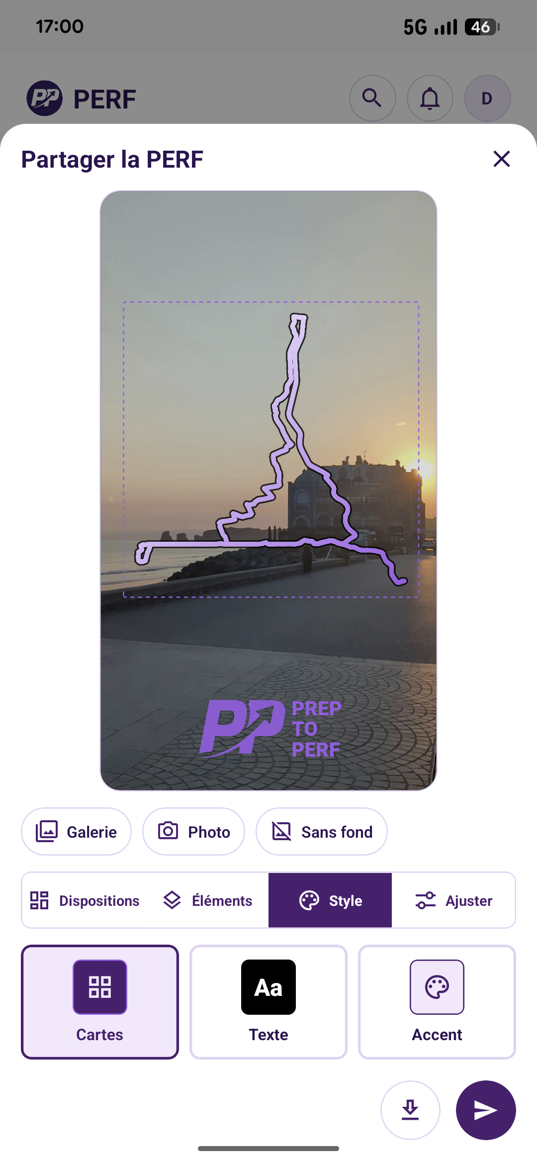 Écran de personnalisation d'une story PREP TO PERF avec photo de fond.